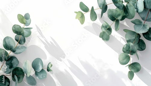Eucalyptus branches top down view for minimalist frame design illustration with soft natural light on clean white background.
