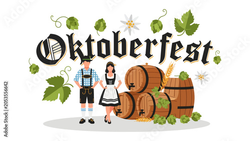 Oktoberfest Celebration Illustration: A charming illustration depicting the spirit of Oktoberfest with traditional Bavarian attire, beer barrels, hops, and wheat.