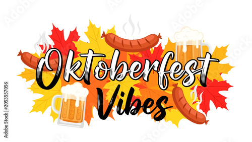 Billede på lærred Oktoberfest Vibes: Vibrant illustration celebrating the spirit of Oktoberfest with sausages, beer, and autumn leaves, evoking a festive and jovial atmosphere