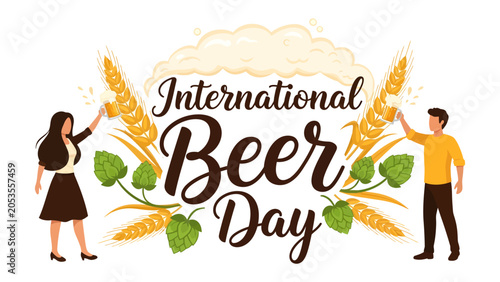 Quadro su tela International Beer Day Celebration: A festive graphic illustration showcasing the joyous spirit of International Beer Day with stylized wheat, hops, and frothy beer