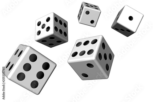 Cinque dadi bianchi sospesi in aria, simbolo di gioco, fortuna e probabilità. Ideale per temi gaming, rischio, statistica, decisioni e concetti di casualità.
