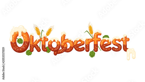 Oktoberfest Typographic Design: Creative typography spelling Oktoberfest with elements resembling pretzels, hops, barley, and frothy beer foam, celebrating the iconic German festival.