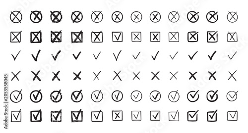 Check marks hand drawn doodle set. tick, cross signs for checkbox, checklist, v and x in sketch set.