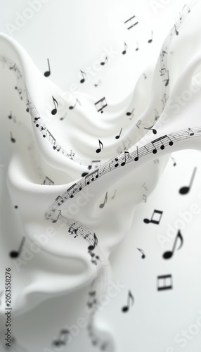 Flowing white fabric with musical notes and staffs. Abstract art concept for music, melody, sound, harmony, composition, rhythm, song, opera, concert, performance, jazz, classical, electronic, audio.