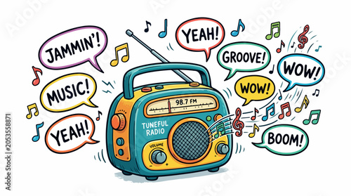 Colorful cartoon boombox with music notes and speech bubbles in a retro stereo illustration bursting with lively rhythm