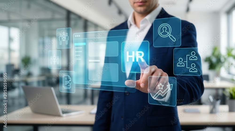 Fototapeta premium A professional selecting the HR icon on a digital human resources management system interface.