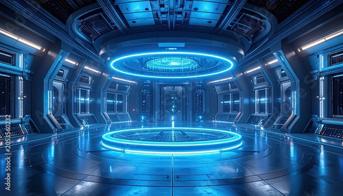 Futuristic glowing blue sci-fi chamber with advanced technology