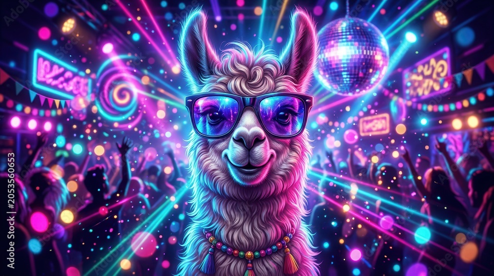 Naklejka premium A cute and funny happy llama wearing sunglasses at a neon lights disco party.