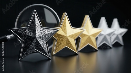 Metallic stars representing performance ratings and fairness criteria on a dark surface.