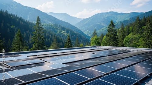 Solar panels installed on a rooftop with a backdrop of lush green mountains and a clear blue sky.