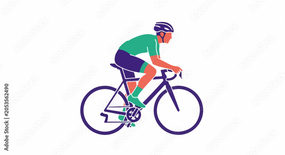 Fototapeta premium Minimalist illustration of a cyclist in motion on a bicycle, isolated on a white background