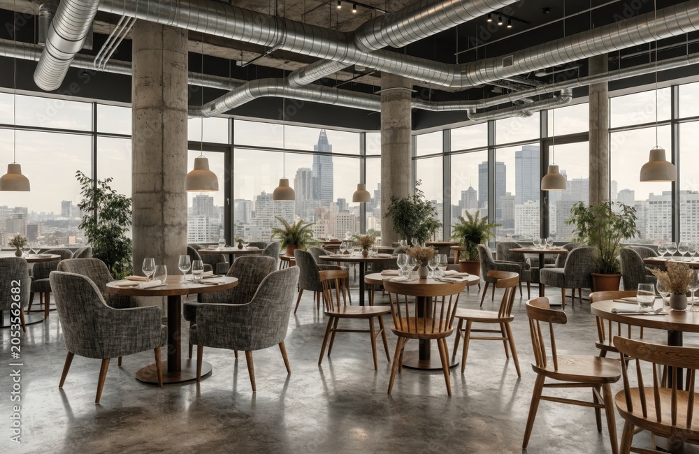 Fototapeta premium Modern Industrial Restaurant Interior with City Skyline View, Elegant Dining Room with Concrete Pillars and Large Windows
