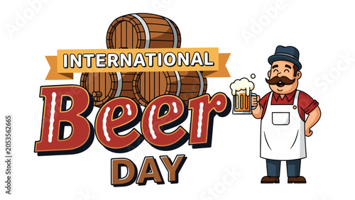 Fotografi International Beer Day Celebration: A jovial cartoon bartender with a handlebar mustache holds up a frothy mug of beer