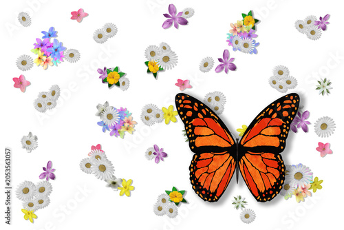 PNG. Illustrazione 3D. Primavera, estate. Fiori e farfalle su sfondo trasparente . Campo di erba con fiori colorati e farfalle, sullo sfondo trasparente.