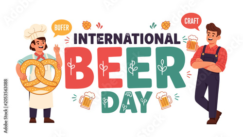 Canvastavla International Beer Day Celebration: A cheerful baker holding a giant pretzel and a craft brewer raising a mug of beer celebrate International Beer Day with colorful lettering and festive motifs