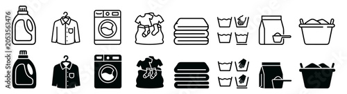 Foto Laundry and washing icons set with detergent, shirt, washing machine, clothes, t