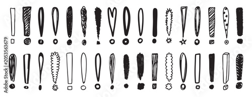 Hand drawn doodle exclamation mark set comic playful ink sketches, varied strokes, rough dots and uneven lines creating energetic monochrome texture ideal for stickers, alerts, posters, UI accents
