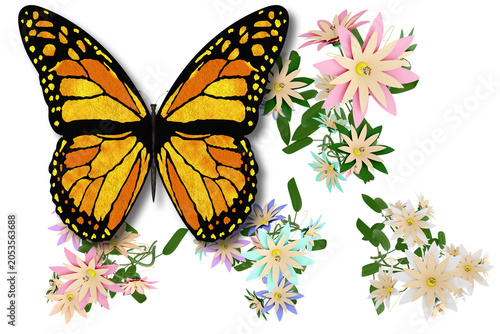 PNG. Illustrazione 3D. Primavera, estate. Fiori e farfalle su sfondo trasparente . Campo di erba con fiori colorati e farfalle, sullo sfondo trasparente.