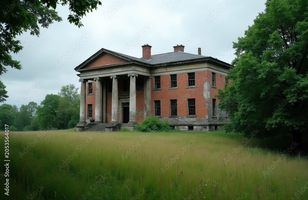 Naklejka premium Old brick manor house stands empty in green field. Neoclassical facade with large columns peeling paint, damaged walls. Overgrown garden surrounds vacant estate. Overcast sky looms above forgotten