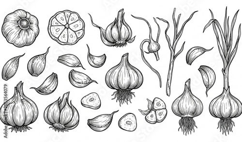 Tableau sur toile Hand drawn garlic sketch vector illustration with detailed culinary botanical el