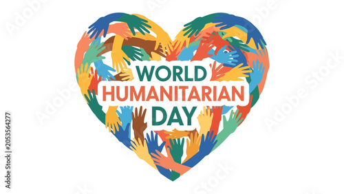 Quadro su tela World Humanitarian Day Heart: A vibrant heart shape formed by diverse hands signifies unity and compassion, celebrating World Humanitarian Day and the spirit of global support