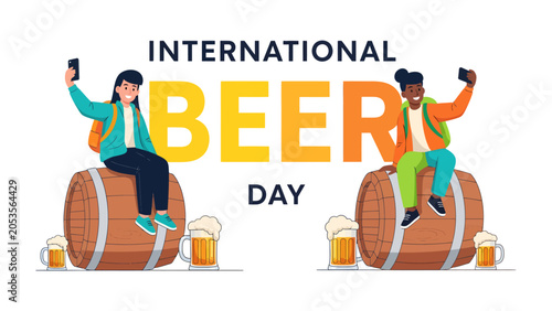 Photos International Beer Day Celebration: Two friends joyfully celebrate International Beer Day, sitting on barrels with frothy beer glasses, and taking selfies, embodying the spirit of fun and camaraderie