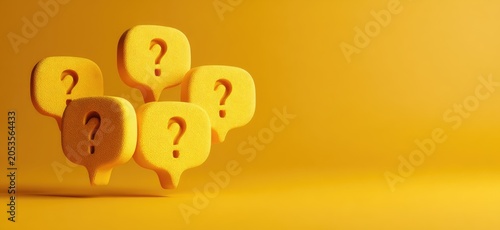 Five yellow speech bubbles with question marks on a yellow background