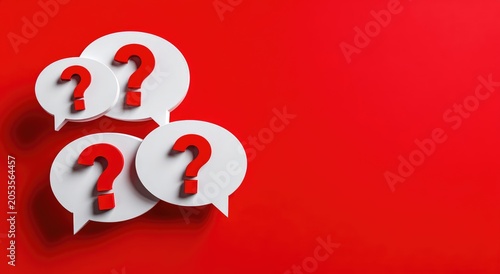 White speech bubbles with red question marks cluster on red background