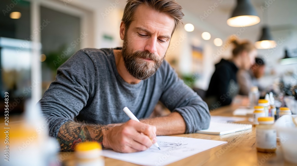 Fototapeta premium A focused artist diligently sketches on paper, showcasing creativity and dedication in a bright, inspiring studio environment filled with artistic tools and materials.