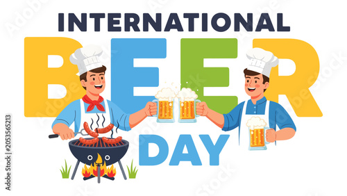 Obraz na plátne International Beer Day Celebration: Two cheerful chefs in uniform celebrate International Beer Day with grilled sausages and foamy mugs of beer