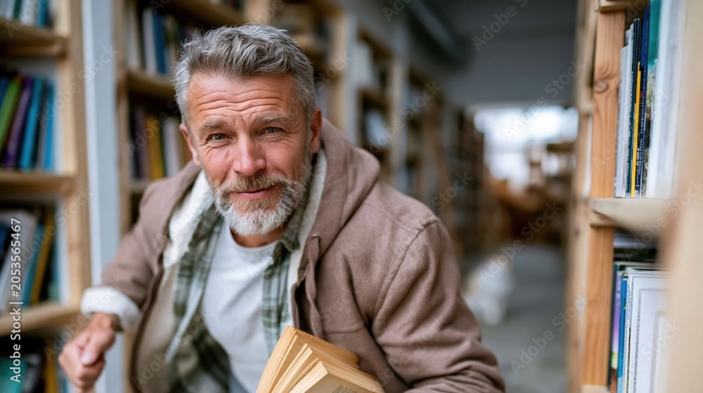 Obraz premium An older man peruses books in a cozy library setting, surrounded by shelves filled with various books, embodying the love for reading and knowledge sharing.