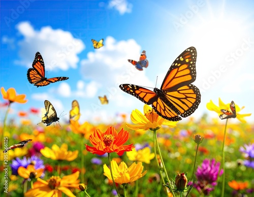 Colorful butterflies flit above vibrant wildflowers in a sun-drenched field under a bright blue sky