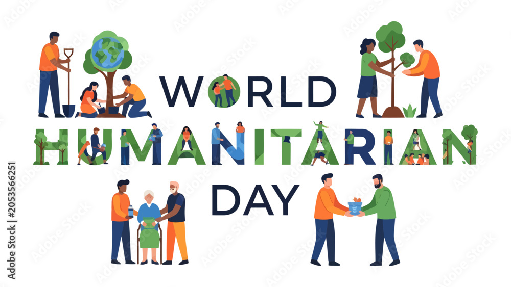 Fototapeta premium World Humanitarian Day: A vibrant illustration depicting global collaboration and compassion on World Humanitarian Day, showcasing people planting trees, assisting elders, and sharing resources.