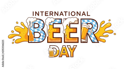 Fotografie International Beer Day Celebration: Vibrant text design featuring the words International Beer Day in a festive, stylized font, adorned with frothy beer splashes and mugs