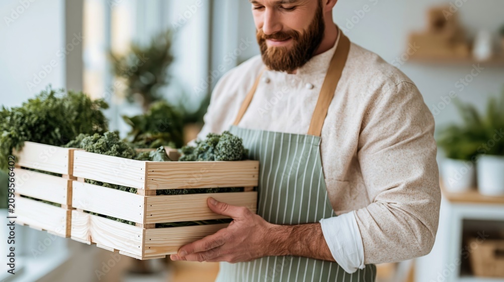Fototapeta premium A man in an apron proudly holds a wooden crate filled with fresh vegetables, embodying a commitment to healthy eating and the joy of farm-to-table cooking.