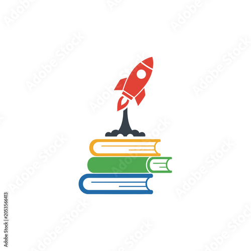 Red Rocket Launching From Stack of Books Symbolizing Education Growth.