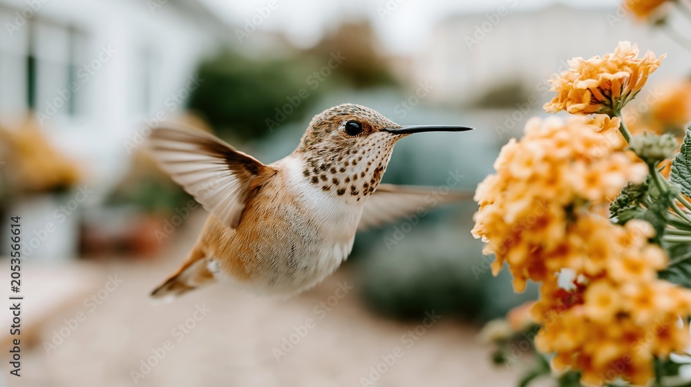 Fototapeta premium A mesmerizing hummingbird hovers in vibrant flight, poised to sip nectar from bright flowers, showcasing the beauty of nature and intricate wildlife interaction.