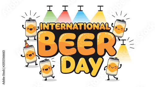Tableau sur toile International Beer Day Celebration: A cheerful illustration depicts anthropomorphic beer cans celebrating International Beer Day with happy faces and party hats, illuminated by colorful spotlights