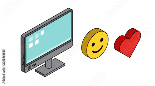 Computer screen with smiley face and heart icons.