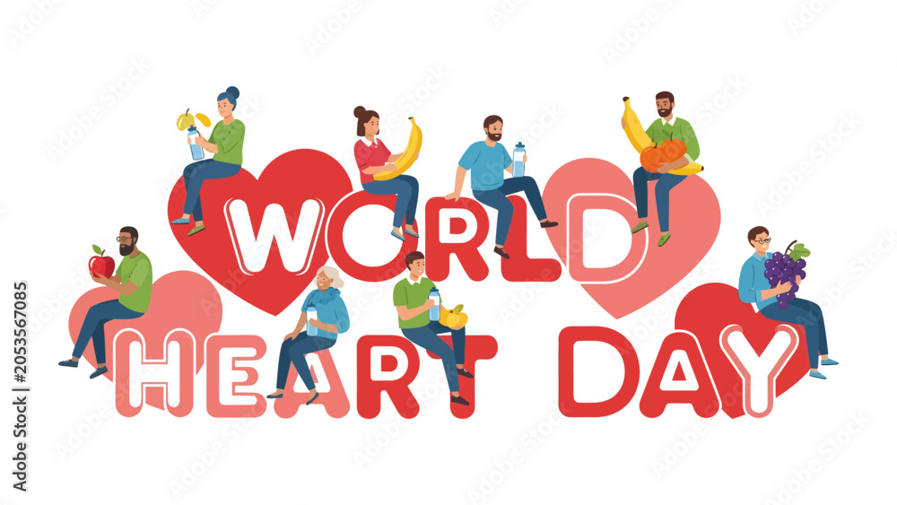 Fototapeta premium World Heart Day Celebration: People enjoy healthy fruits and vegetables, sitting on large letters spelling out World Heart Day, surrounded by heart symbols, promoting a healthy lifestyle.