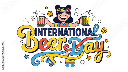 Tableau sur toile International Beer Day Celebration: A vibrant illustration depicting a joyous woman on roller skates, holding two overflowing mugs of beer