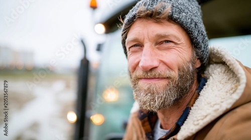A rugged man smiles confidently, showcasing the spirit of determination and hard work, perfectly capturing the essence of outdoor labor and the human connection to nature.