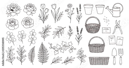 Φωτογραφία Hand drawn gardening line art collection, botanical flower and garden tool vecto