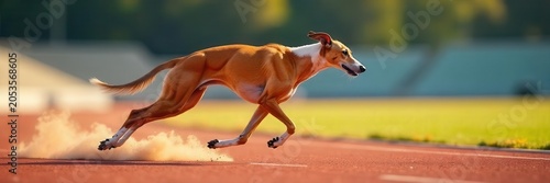 A racing greyhound sprinting on a track with focus and determination, active, running