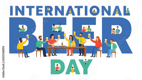 Quadro su tela International Beer Day Celebration: A vibrant illustration depicting people toasting with beer mugs, celebrating International Beer Day with joy and camaraderie