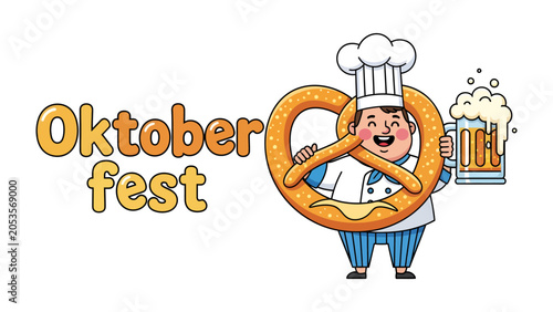 Konstfotografi Oktoberfest Chef with Pretzel and Beer: A jovial chef wearing a toque stands next to a giant pretzel, holding a frothy mug of beer, celebrating Oktoberfest with festive cheer