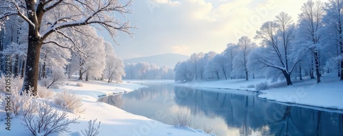 A serene winter landscape with snow-covered trees and a frozen pond, showcasing the beauty of a snowy season , cold, trees