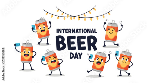 Konstfotografi Cartoon Celebration for International Beer Day: A vibrant illustration depicts several animated beer cans dancing and toasting with tiny smartphone in hand, under a string of festive party lights
