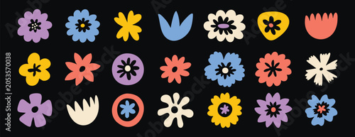 Naive daisy flowers clipart set with top view blooms and leaves. Hand drawn.