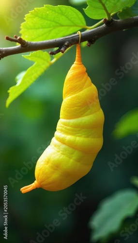 A vibrant yellow cocoon hanging from a tree branch in a garden, symbolizing transformation and growth , garden, life cycle